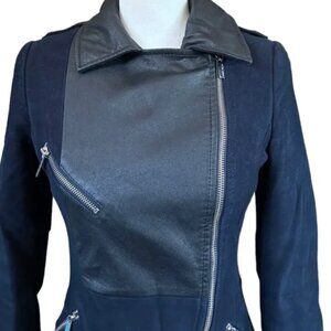 Karen Millen Navy Jacket Leather Trim Moto Style Quilted Back Size 4 (US)